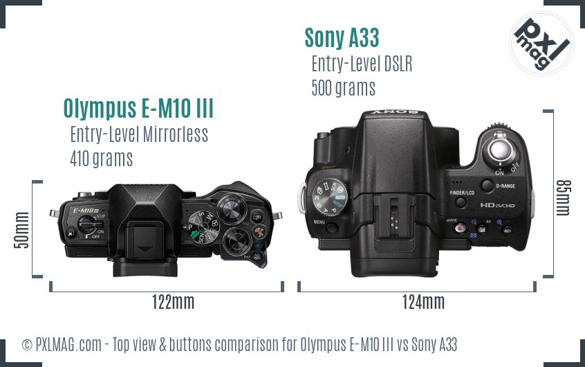 Olympus E-M10 III vs Sony A33 top view buttons comparison