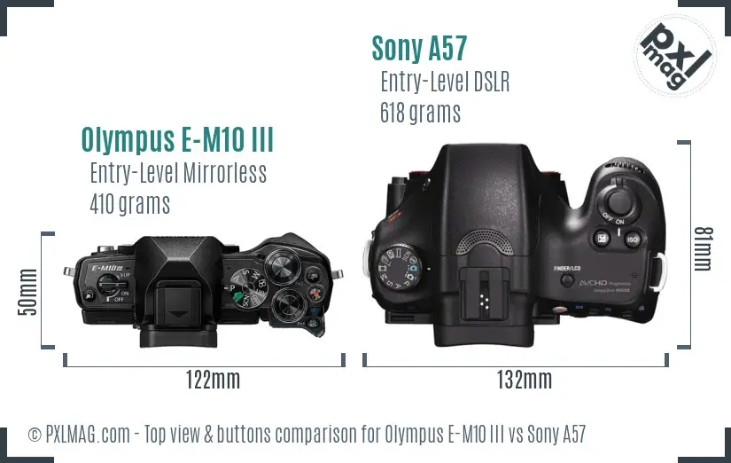 Olympus E-M10 III vs Sony A57 top view buttons comparison Olympus E-M10 III vs Sony A57 top view buttons comparison