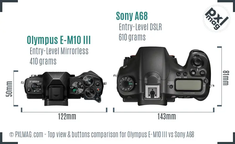 Olympus E-M10 III vs Sony A68 top view buttons comparison