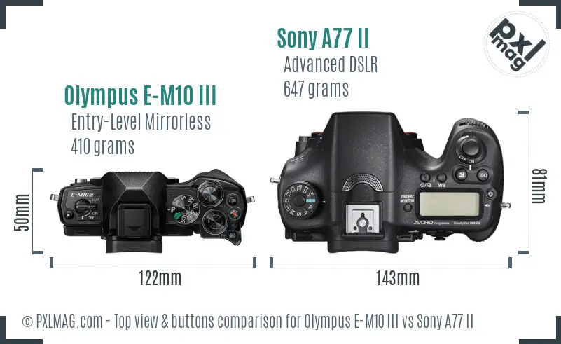 Olympus E-M10 III vs Sony A77 II top view buttons comparison