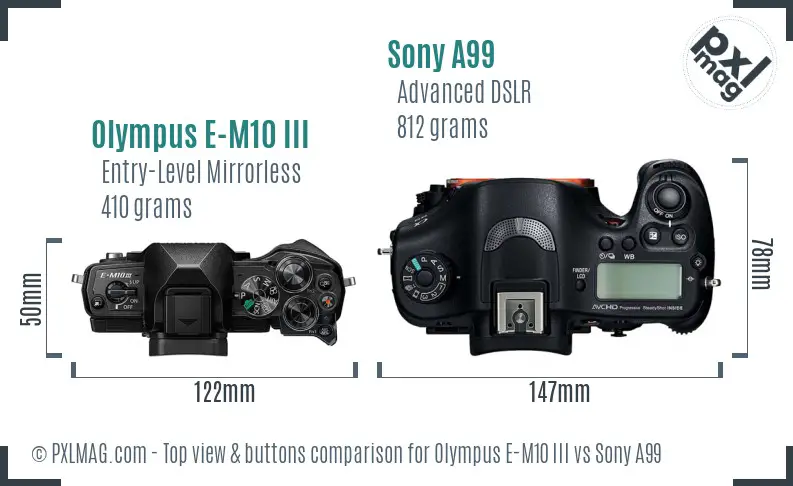 Olympus E-M10 III vs Sony A99 top view buttons comparison