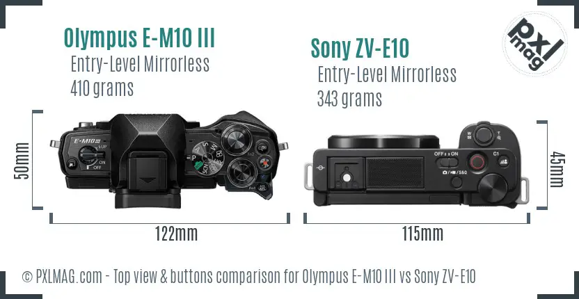 Olympus E-M10 III vs Sony ZV-E10 top view buttons comparison