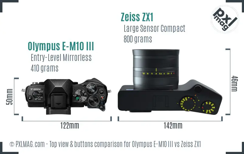 Olympus E-M10 III vs Zeiss ZX1 top view buttons comparison