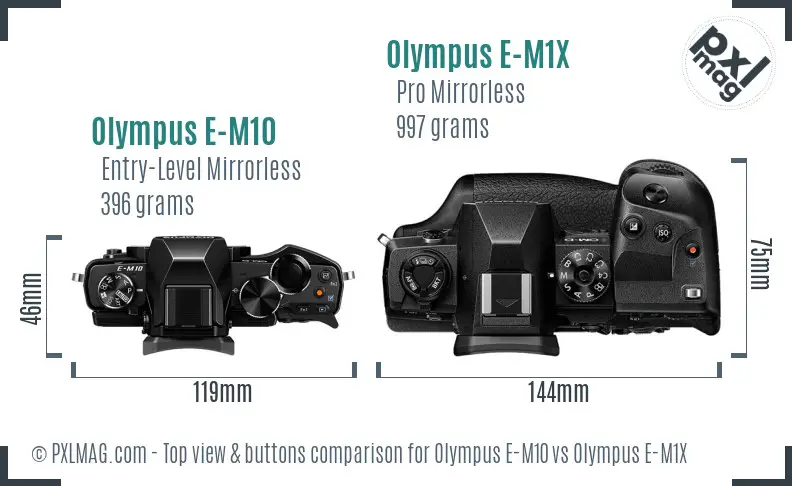 Olympus E-M10 vs Olympus E-M1X top view buttons comparison