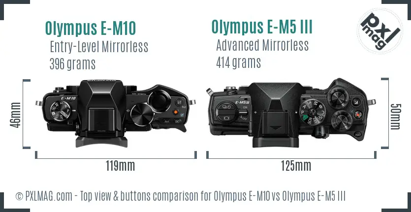 Olympus E-M10 vs Olympus E-M5 III top view buttons comparison