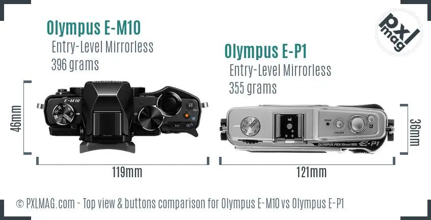 Olympus E-M10 vs Olympus E-P1 top view buttons comparison