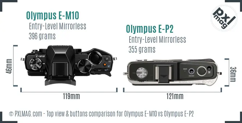 Olympus E-M10 vs Olympus E-P2 top view buttons comparison