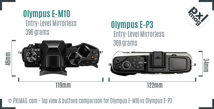 Olympus E-M10 vs Olympus E-P3 top view buttons comparison