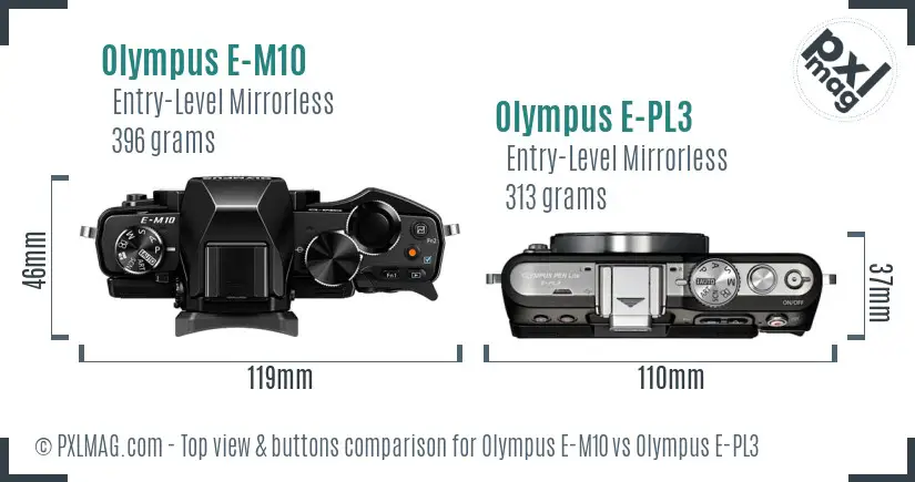 Olympus E-M10 vs Olympus E-PL3 top view buttons comparison