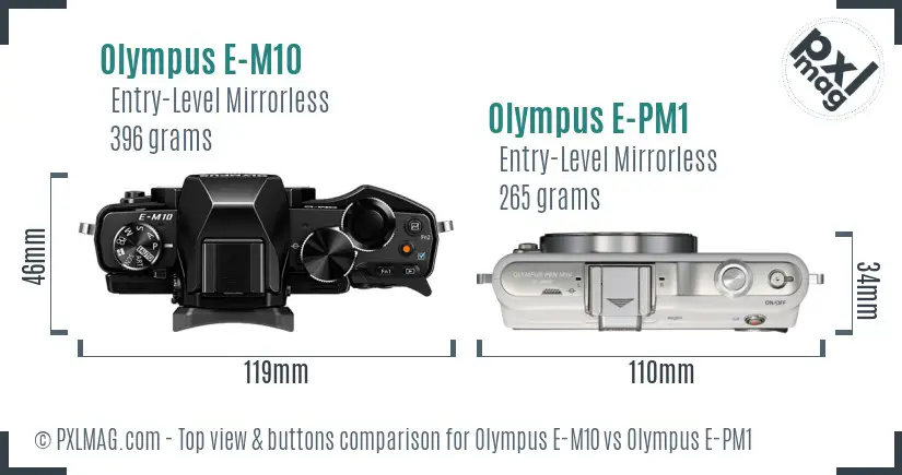 Olympus E-M10 vs Olympus E-PM1 top view buttons comparison
