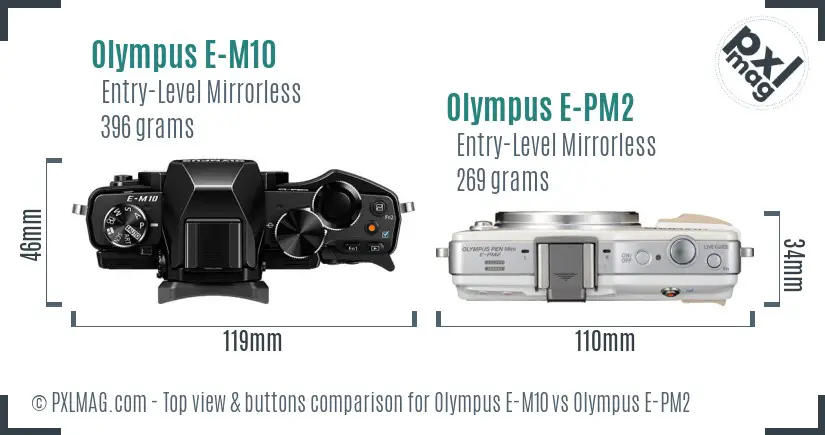 Olympus E-M10 vs Olympus E-PM2 top view buttons comparison
