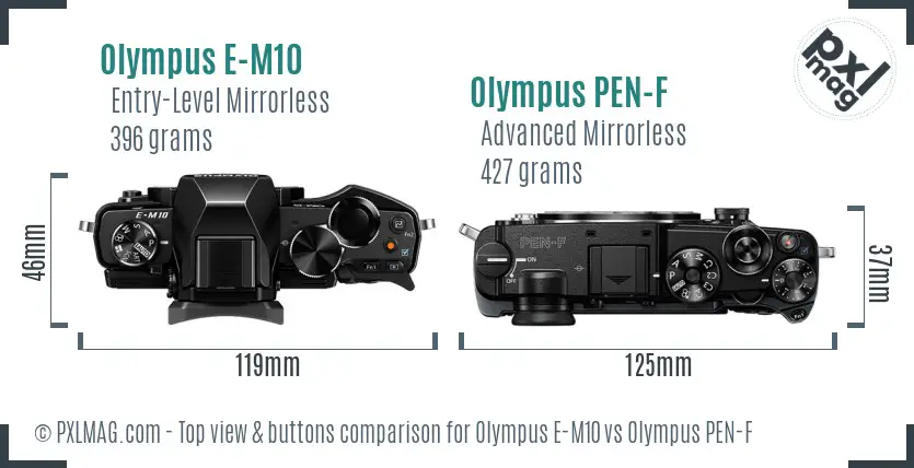 Olympus E-M10 vs Olympus PEN-F top view buttons comparison