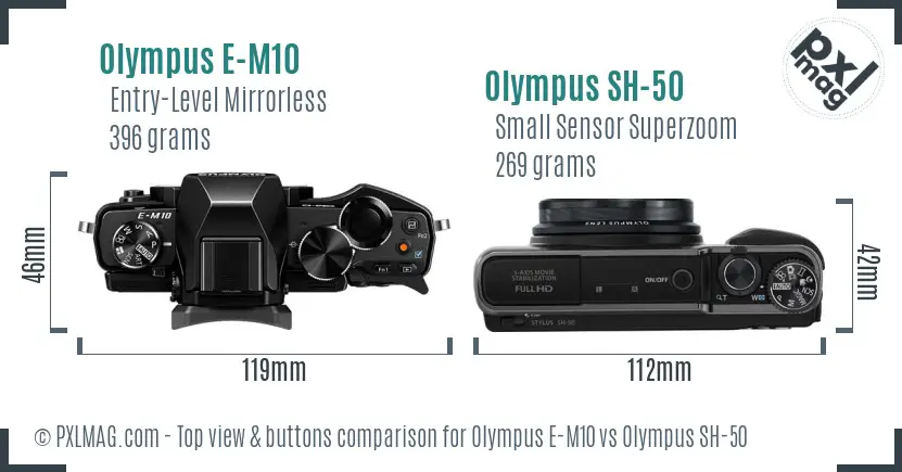 Olympus E-M10 vs Olympus SH-50 top view buttons comparison