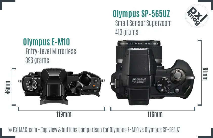 Olympus E-M10 vs Olympus SP-565UZ top view buttons comparison
