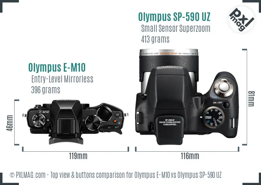 Olympus E-M10 vs Olympus SP-590 UZ top view buttons comparison