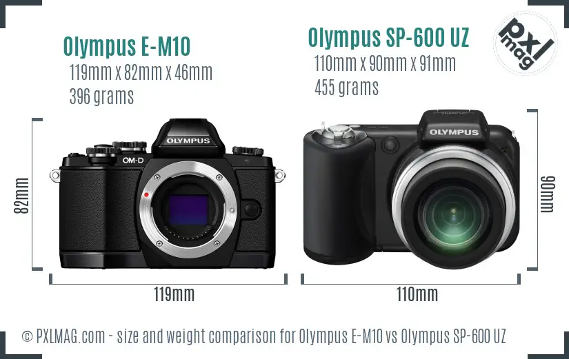 Olympus E-M10 vs Olympus SP-600 UZ size comparison