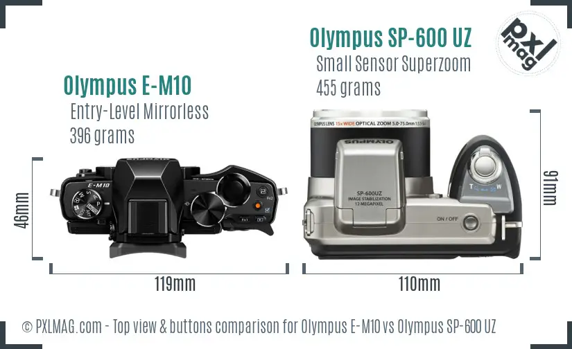 Olympus E-M10 vs Olympus SP-600 UZ top view buttons comparison