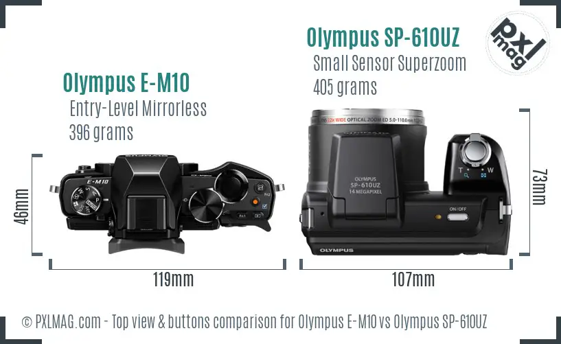 Olympus E-M10 vs Olympus SP-610UZ top view buttons comparison