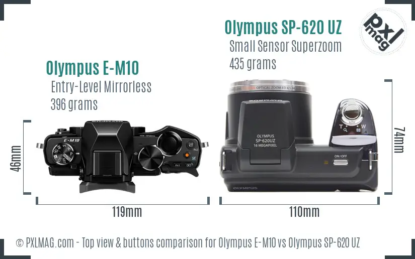 Olympus E-M10 vs Olympus SP-620 UZ top view buttons comparison