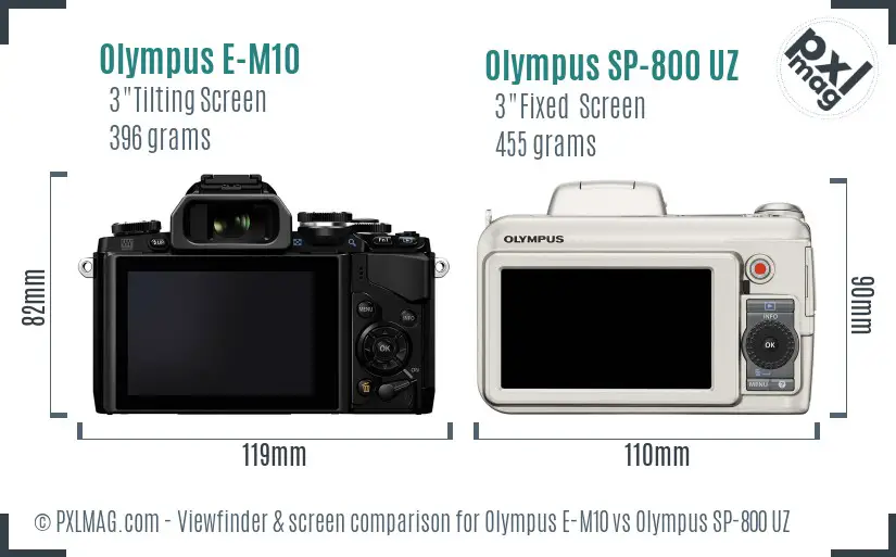 Olympus E-M10 vs Olympus SP-800 UZ Screen and Viewfinder comparison