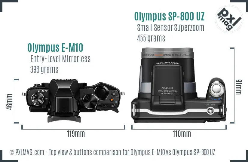Olympus E-M10 vs Olympus SP-800 UZ top view buttons comparison
