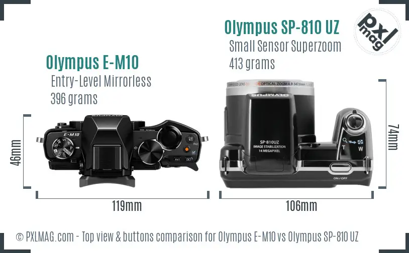 Olympus E-M10 vs Olympus SP-810 UZ top view buttons comparison