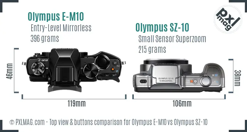 Olympus E-M10 vs Olympus SZ-10 top view buttons comparison