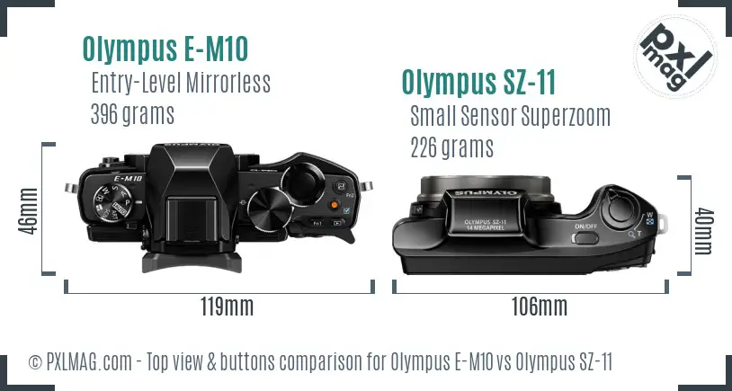 Olympus E-M10 vs Olympus SZ-11 top view buttons comparison