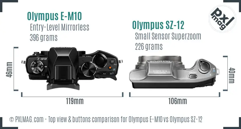 Olympus E-M10 vs Olympus SZ-12 top view buttons comparison