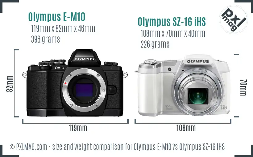 Olympus E-M10 vs Olympus SZ-16 iHS size comparison