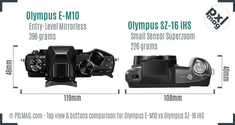 Olympus E-M10 vs Olympus SZ-16 iHS top view buttons comparison