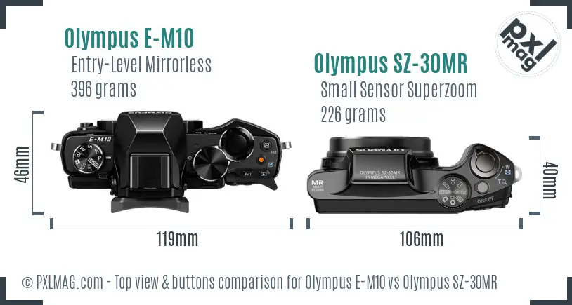 Olympus E-M10 vs Olympus SZ-30MR top view buttons comparison