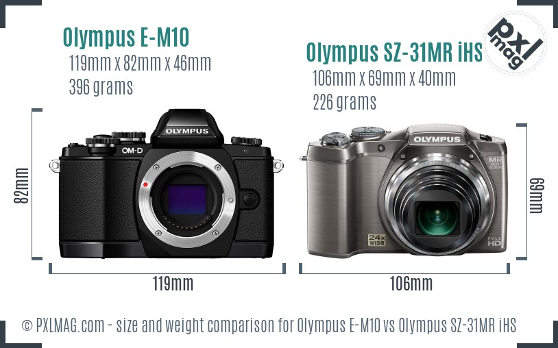 Olympus E-M10 vs Olympus SZ-31MR iHS size comparison