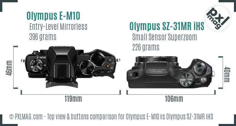 Olympus E-M10 vs Olympus SZ-31MR iHS top view buttons comparison