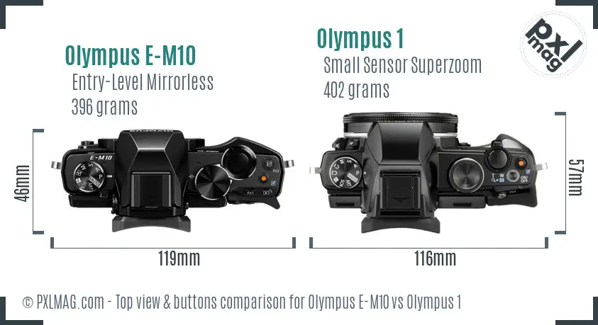 Olympus E-M10 vs Olympus 1 top view buttons comparison