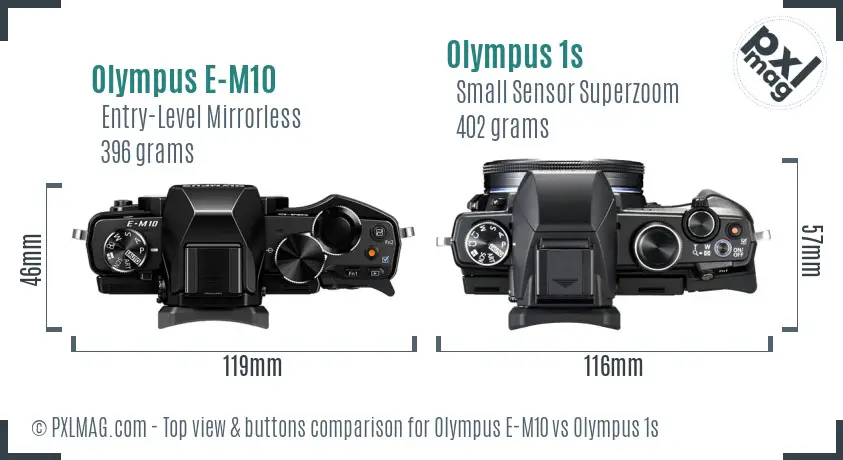 Olympus E-M10 vs Olympus 1s top view buttons comparison
