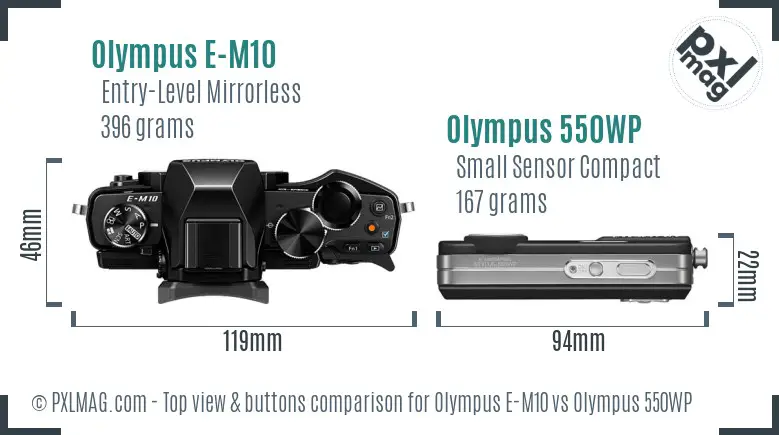 Olympus E-M10 vs Olympus 550WP top view buttons comparison