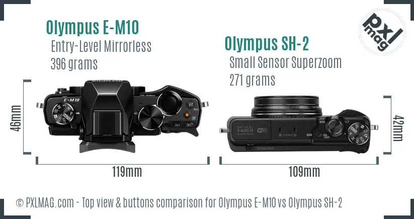 Olympus E-M10 vs Olympus SH-2 top view buttons comparison