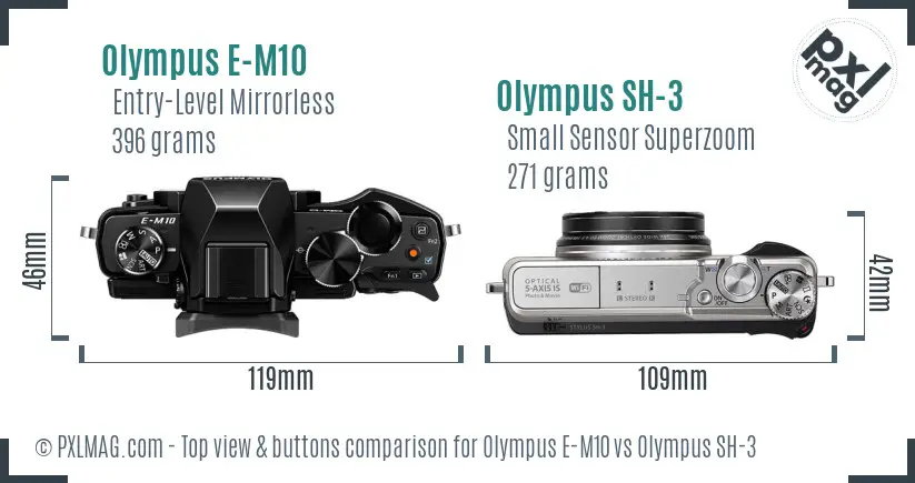 Olympus E-M10 vs Olympus SH-3 top view buttons comparison