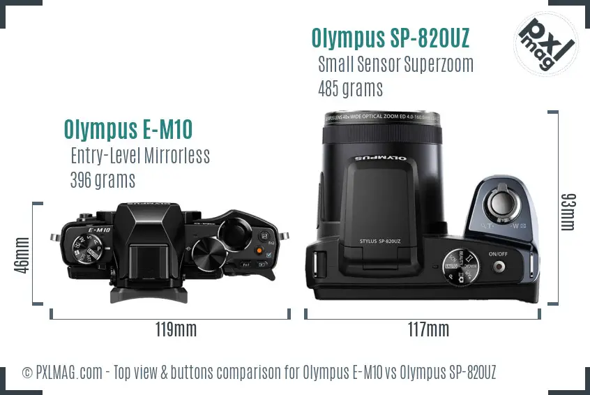 Olympus E-M10 vs Olympus SP-820UZ top view buttons comparison