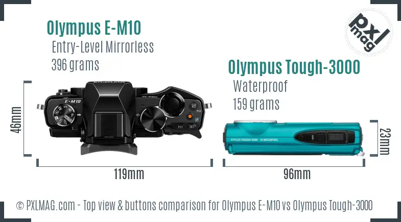 Olympus E-M10 vs Olympus Tough-3000 top view buttons comparison