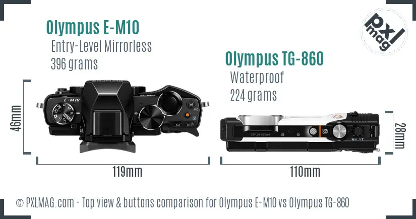 Olympus E-M10 vs Olympus TG-860 top view buttons comparison