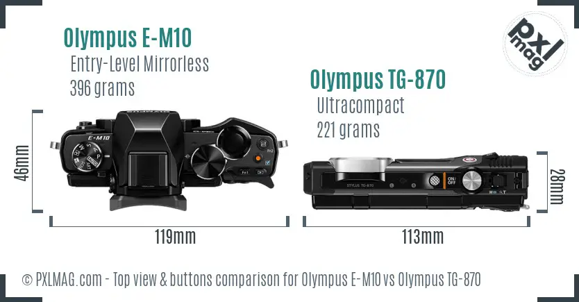 Olympus E-M10 vs Olympus TG-870 top view buttons comparison