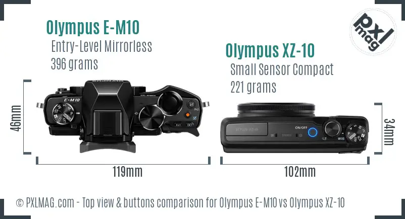 Olympus E-M10 vs Olympus XZ-10 top view buttons comparison