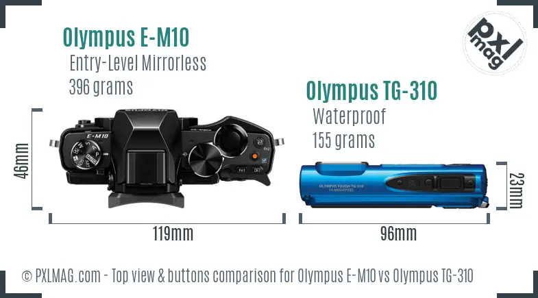 Olympus E-M10 vs Olympus TG-310 top view buttons comparison