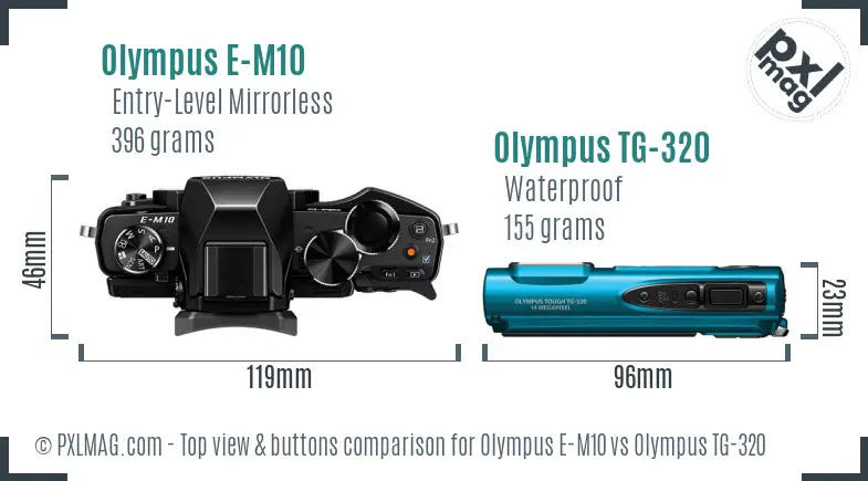 Olympus E-M10 vs Olympus TG-320 top view buttons comparison