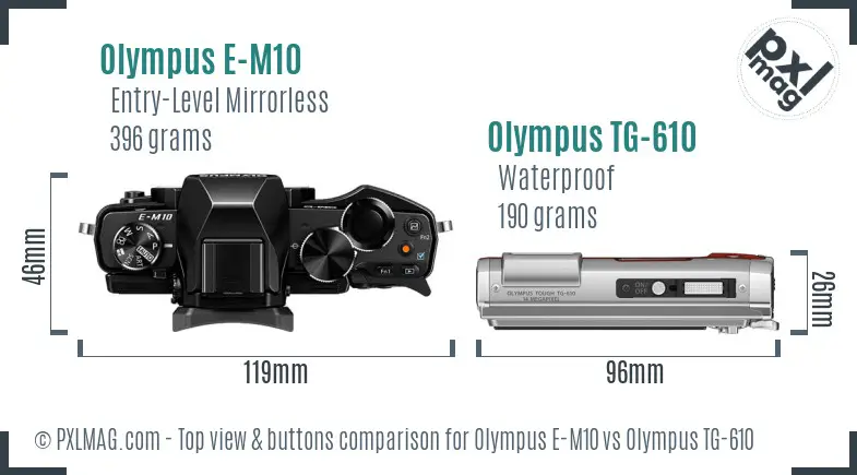 Olympus E-M10 vs Olympus TG-610 top view buttons comparison