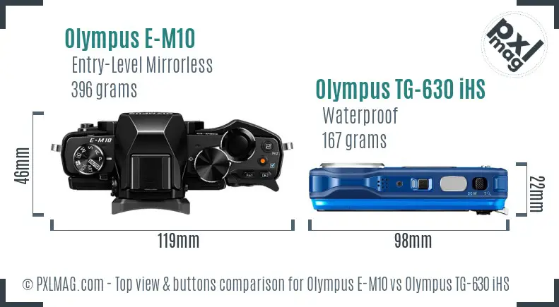 Olympus E-M10 vs Olympus TG-630 iHS top view buttons comparison