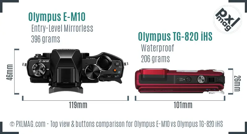 Olympus E-M10 vs Olympus TG-820 iHS top view buttons comparison
