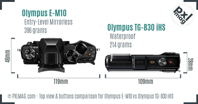 Olympus E-M10 vs Olympus TG-830 iHS top view buttons comparison